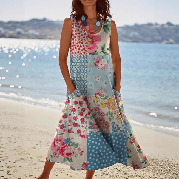 Midi strandkjole med rund hals 7 3XL