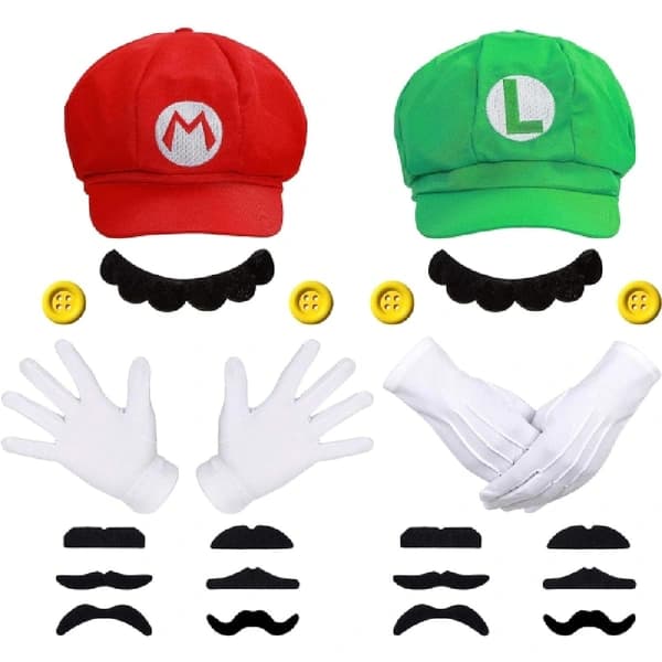 IC Super Mario Bros Mario og Luigi Hatter Caps Bart Hansker Knapper Cosplay Kostyme-FF-