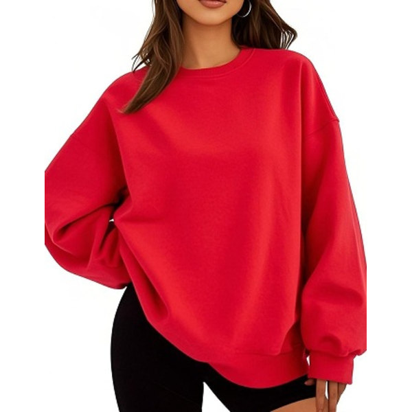 Oversized fleece-sweaters til kvinder, langærmet rundhals-pullover, afslappede hættetrøjer Red L