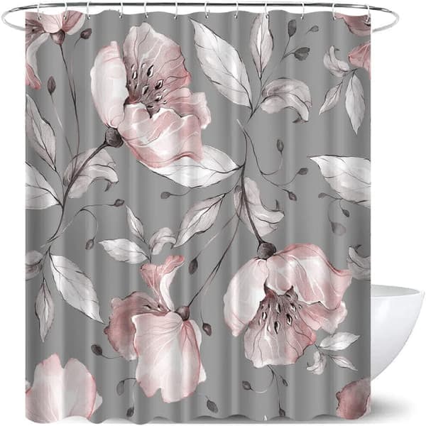 Elegant rosa blomster dusjforheng grå blader blomster grå stoff S