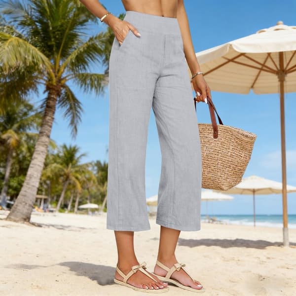 Linbukser for kvinner Vide Capri-bukser Uformelle strandbukser med elastisk midje og lommer Grå Gray XL
