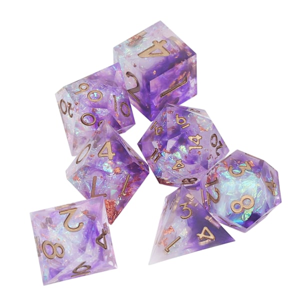 7-delad tärningssats i harts, polyhedral spel, DND-tärningar, tydliga siffror, stabilt spel, välbekanta RPG-tärningar