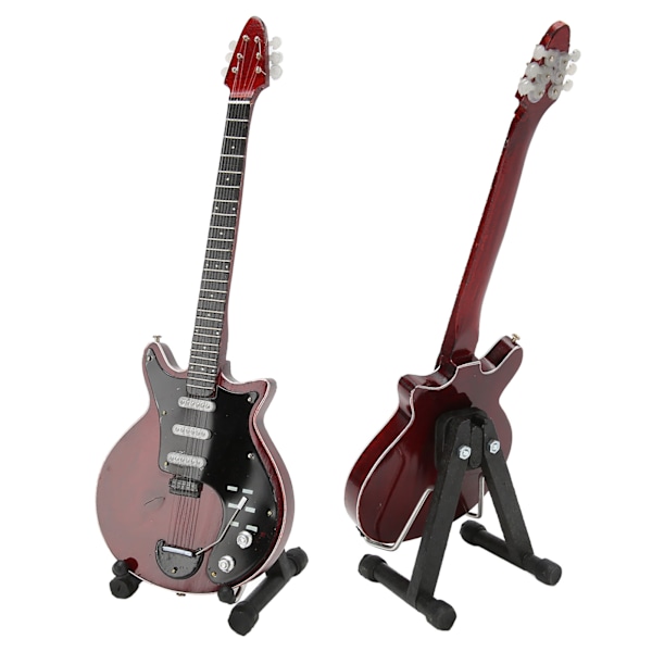 Miniatyr elgitarr i rödbrun färg med stativ och fodral, musikinstrumentmodell dekoration 10 tum