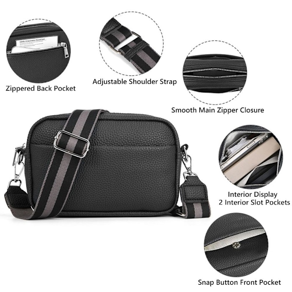 Naisten olkalaukku klassinen leveällä hihnalla varustettu crossbody-laukku vetoketjulla Black