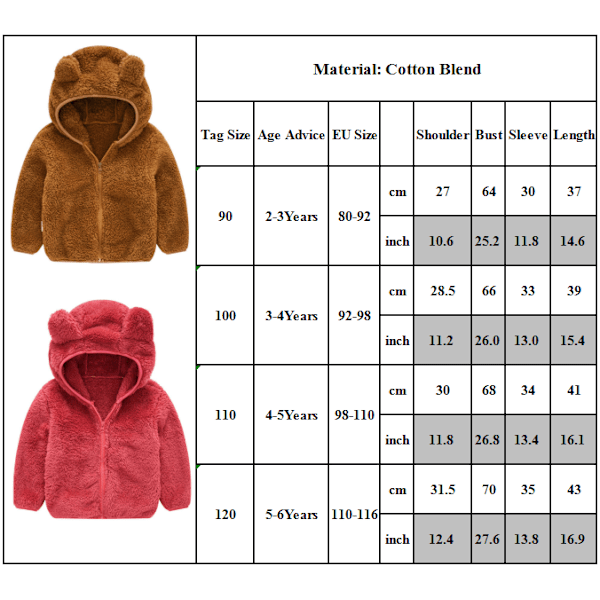 Fleece Teddybjørnjakke med hette for barn, Vinter Varm Glidelåsjakke for Gutter og Jenter, Mørkebrun Dark brown 120cm