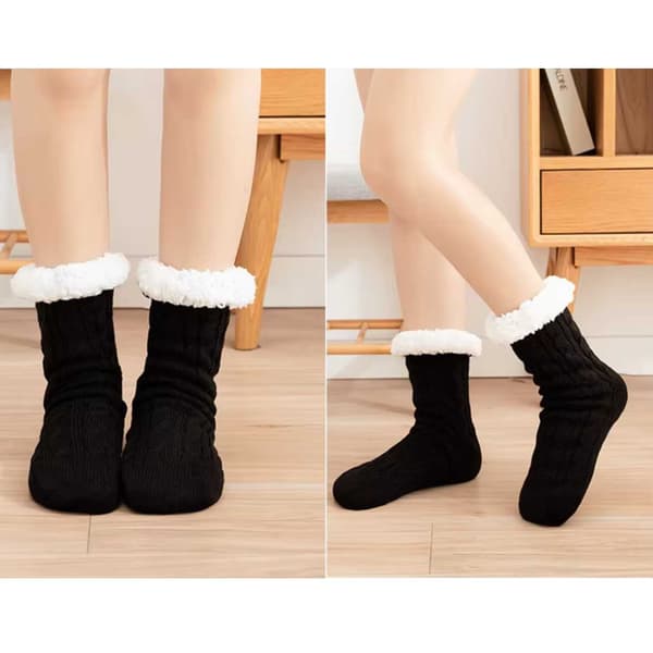 Furry varme strikkede sokker/hjemmesko med skridsikker sort black one size