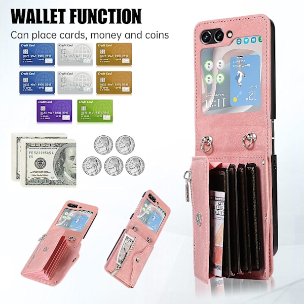 Plånboksfodral för Samsung Galaxy Z Flip 6 med axelrem, kortfack, stativ och läderfodral pink