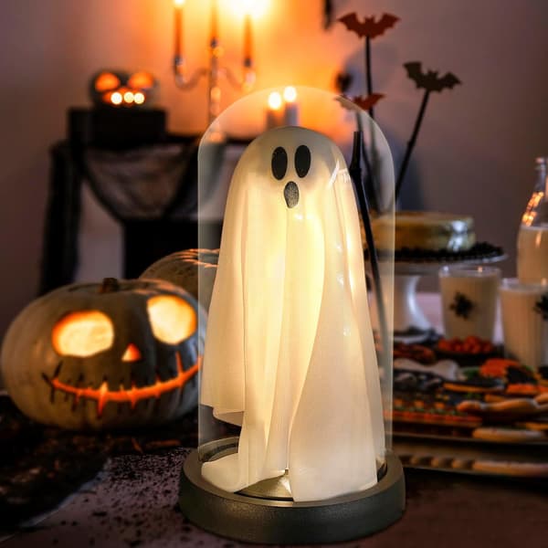 Halloween-koriste, valaistu aave lasikuvussa
