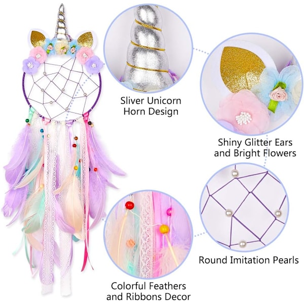 Enhjørning Drømmefanger for Barn Stor Håndlaget Drømmefanger Fjær Blinkende Rom Gave Hjemmeinnredning for Gutter Jenter Barnehage Hengende Lilla y