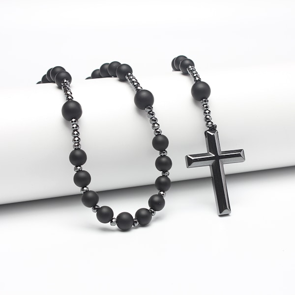 Luonnonmukainen pyöreähelminen pitkä ketju musta sappikivinen ristirosario Matte black agate