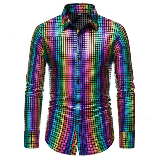 Menners Dress Skjorte Sekvens Lang Ermet Skjorte Fest Nattklubb Regnbue rainbow XL