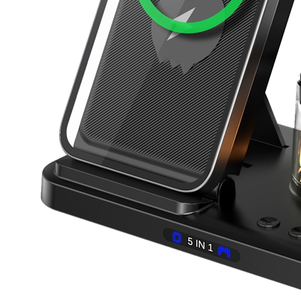 5 i 1 Laddningsstation Klocka Nattlampa Funktion Bärbar Trådlös Laddare för Mobiltelefon Klocka Headset