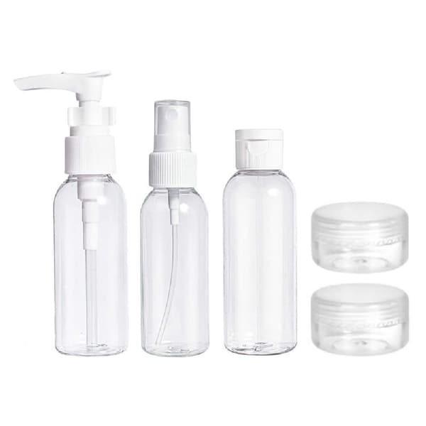 UNIQ Matkapullot 5 kpl, 3 x 50 ml pulloa ja 2 x voiderasiaa