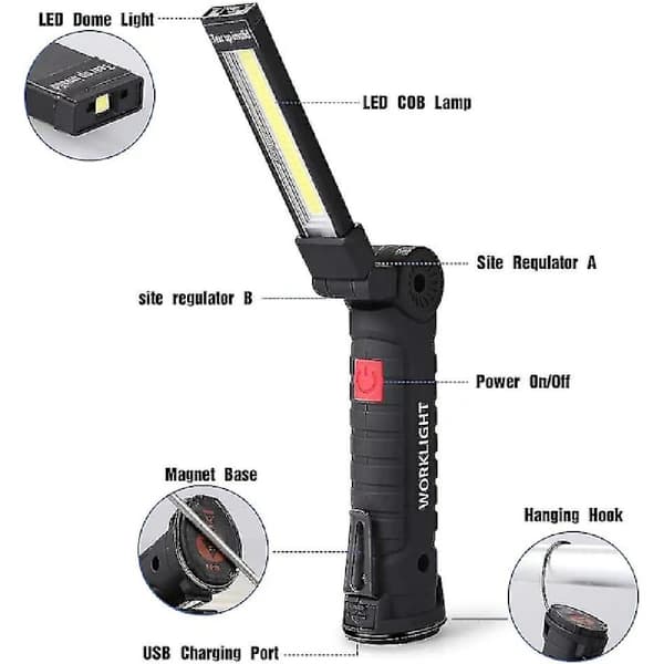LED arbeidslys oppladbart, LED inspeksjonslys med magnetisk base, 5 moduser for garasje, camping, lite nødlys, 2 stk