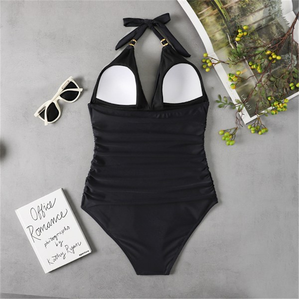 Dame Halter Neck Rygløs En-delt Badedragt Monokini Sort Svart L