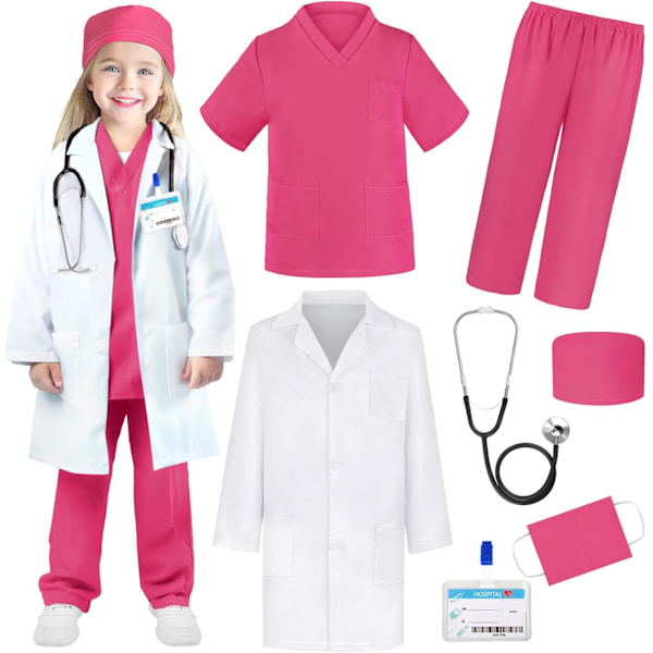 Lægeudklædning til børn - Scrubs, Stetoskop, Kitel - Halloweenkostume, Erhvervsdagskostume til piger 3-12 år 9-11 Years 9-11 Years Rose