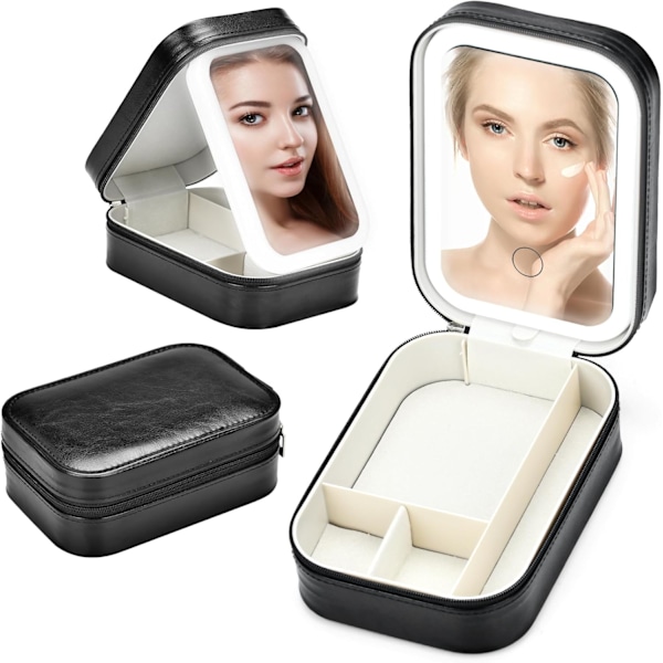 Makeup Spejl med Lys, Kosmetik Opbevaringstaske med LED Spejl | Bærbar Makeup Taske - 3 Farver med Lys Makeup Taske, Rejse Makeup Taske Black