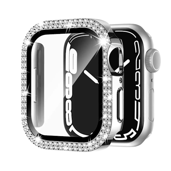 Glas+Diamant Skydd för Apple Watch-fodral 40mm 44mm 41mm 45mm 38mm 42mm Bling Bumper Skydd iWatch-serie 9 3 5 6 7 8 se-fodral silver Y silver 42mm series 3 2 1