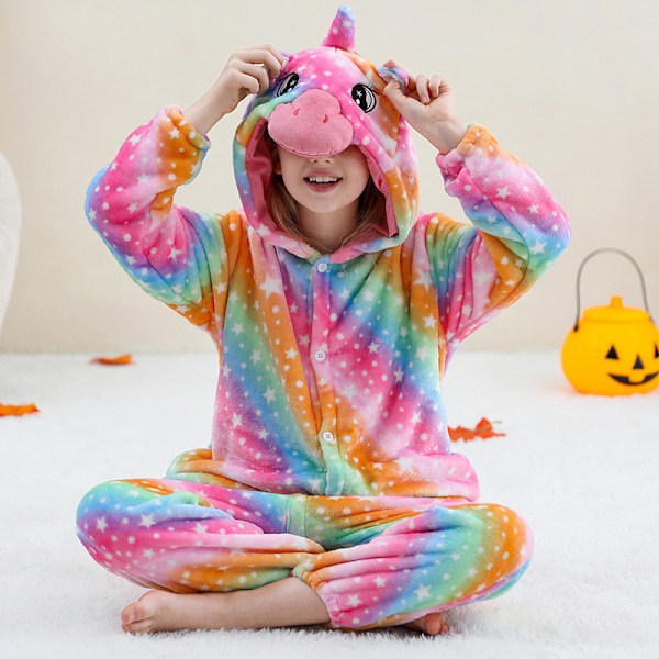 Unisex barnejumpers Pluss-kostyme med hatt og hale for utkledning, rollespill, Halloween, festgaver Rainbow unicorn 【115-125CM】