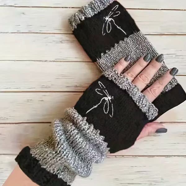 Kattema fingerløse hansker, broderte termiske hansker A14 One size