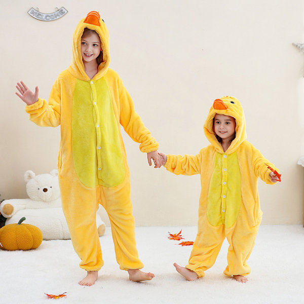 Unisex barn jumpsuit Plüschdräkt med hatt och svans för klä upp rollspel Halloween för festpresenter Yellow duck 【135-145CM】