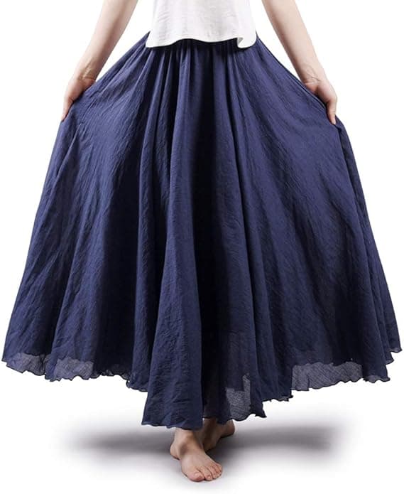 Elastisk midje lang flytende bohemsk bomull uformelt maxiskjørt for kvinner og jenter, marineblå navy blue 75CM