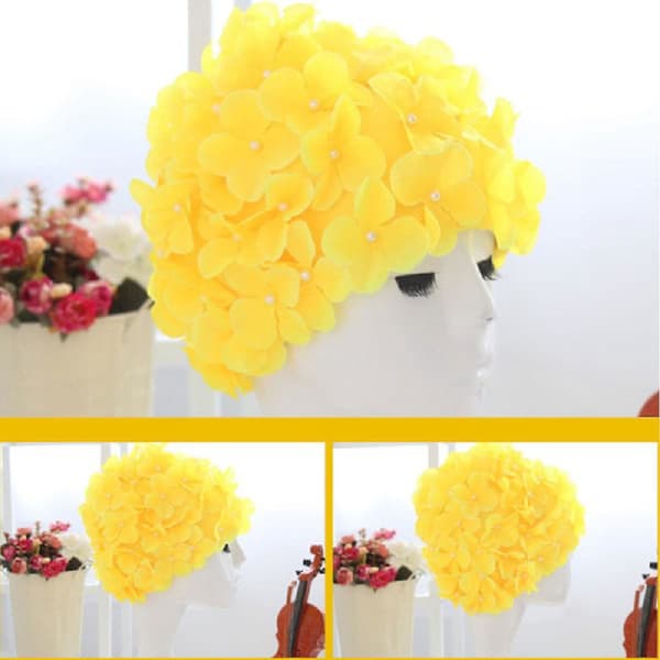 Badehette for kvinner med kronblader retro 3D blomsterbadehette dameblomsterbadehette yellow