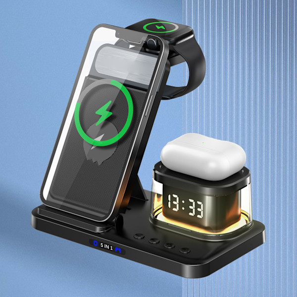 5 i 1 Laddningsstation Klocka Nattlampa Funktion Bärbar Trådlös Laddare för Mobiltelefon Klocka Headset