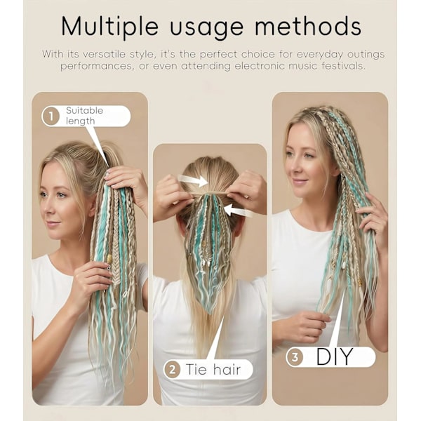 Elastisk Dread Ponytail, med Hårrep, Boho Flätad Ponytail Extension, med Pärlor, Snäckor och Berlocker, Handflätad Lång Dreadlock Ponytail Black