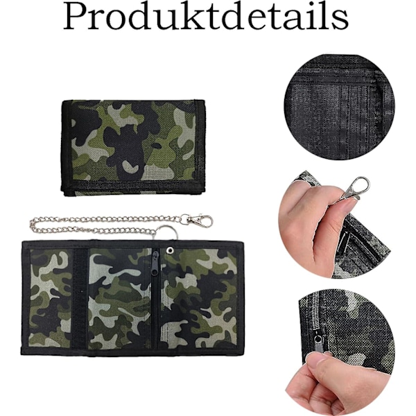Wallet with Chain, Camouflage Kids Wallet, Foldable Slim Trifold Wallet for Boys, Trifold Wallet with Coin Pocket & Card Slot