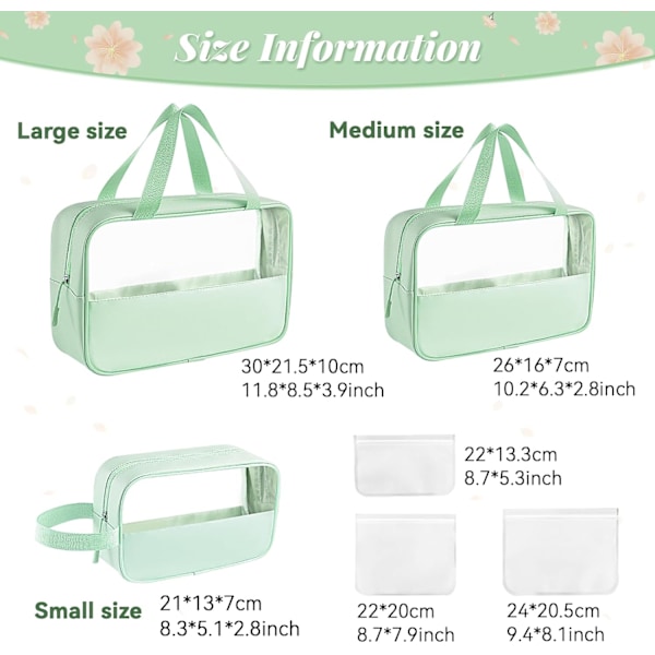 3 st PVC Kosmetikväskor med Handtag Set, Portabel Transparent Resenecessär Vattentät Green