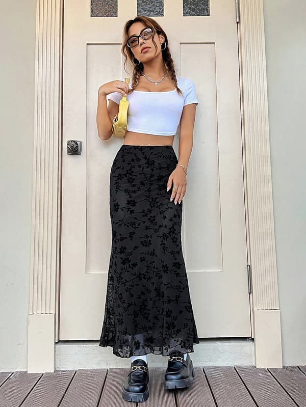 Salatkant Højtaljet Mesh Fishtail Bodycon Lang Nederdel til Kvinder sort black M