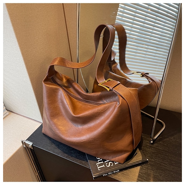 Handväska, stor läder axelväska, axelväska crossbody väska Retro handtag light brown