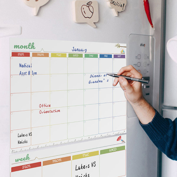 Magnetisk Månadskalender för Planering - Torkbar Vittavla med Flera Färger Black
