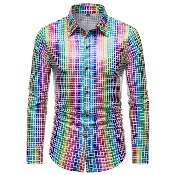 Herrskjorta med paljetter, långärmad skjorta för fest, nattklubb, ljus regnbåge L light rainbow