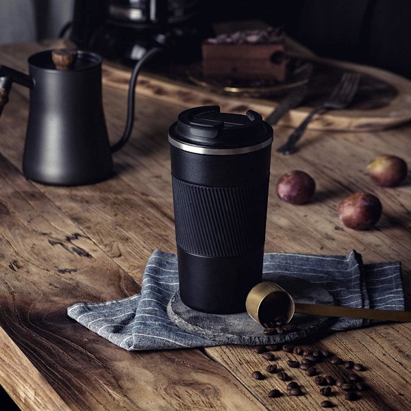 Genanvendelig Termokrus Kaffe Kopper Vakuumisolering Rustfrit Stål Flaske til Varme Kolde Drikkevarer Sort Black 380ml