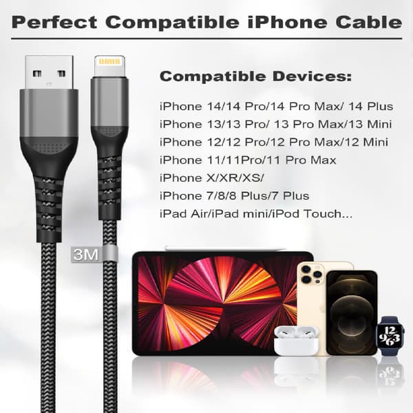2025 Seneste Model iPhone Opladerkabel 3M [MFi Certificeret], USB til Lightning Kabel 3M Langt iPhone Opladerkabel Hurtig Opladning Kabel Nylon