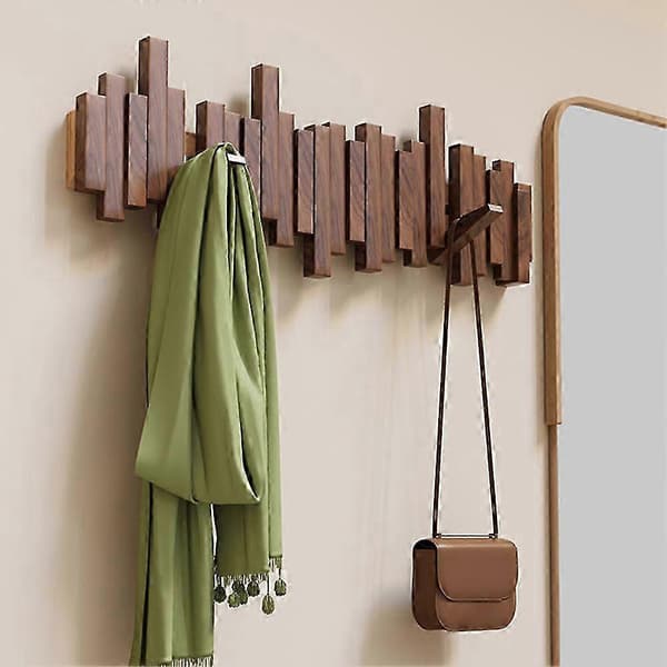 Klesstativ i tre, piano-design, veggmontert, multifunksjonelt, sammenleggbart, estetisk romdekorasjon, bøk 6 Hooks Beech