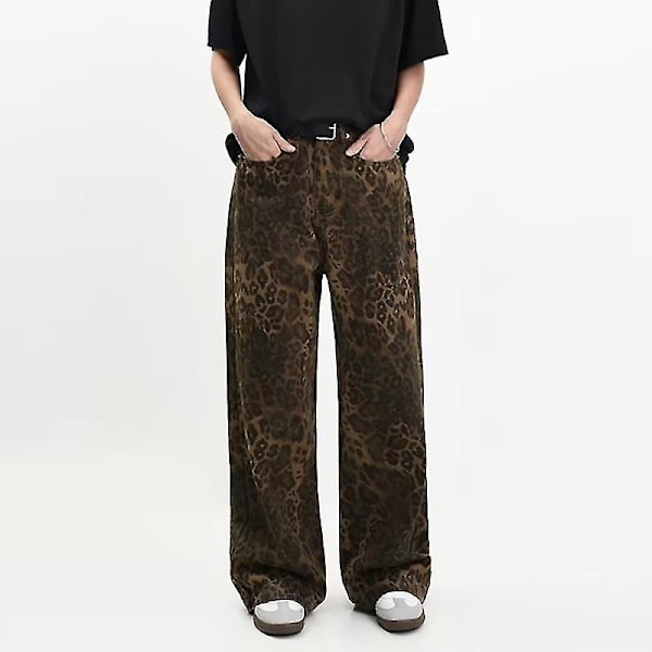 Tan Leopard Jeans Damjeans Bredbenta Byxor Kvinna Överdimensionerade M