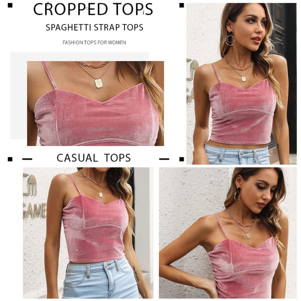 V-hals crop top med fløyelsstropp, ermeløs topp pink,S