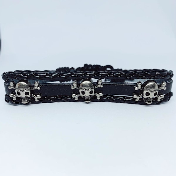 Håndlavede armbånd i autentisk læder sort dødningehoved Sort one size Black