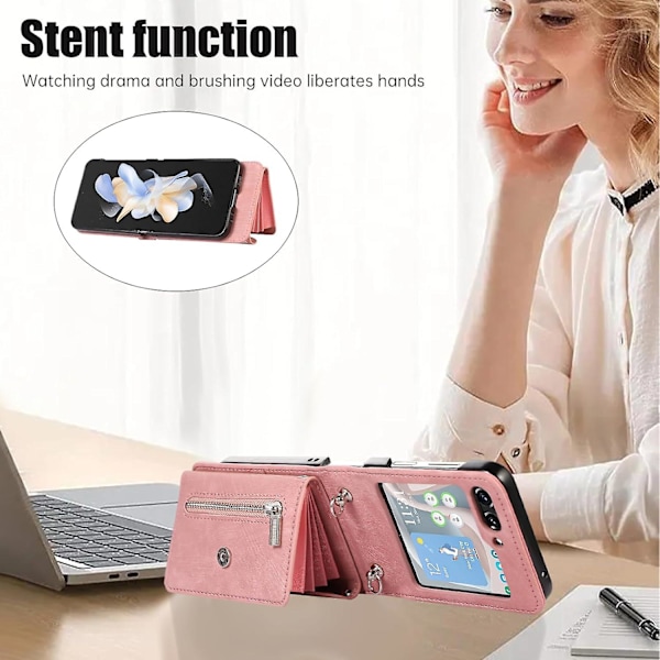 Plånboksfodral för Samsung Galaxy Z Flip 6 med axelrem, kortfack, stativ och läderfodral pink