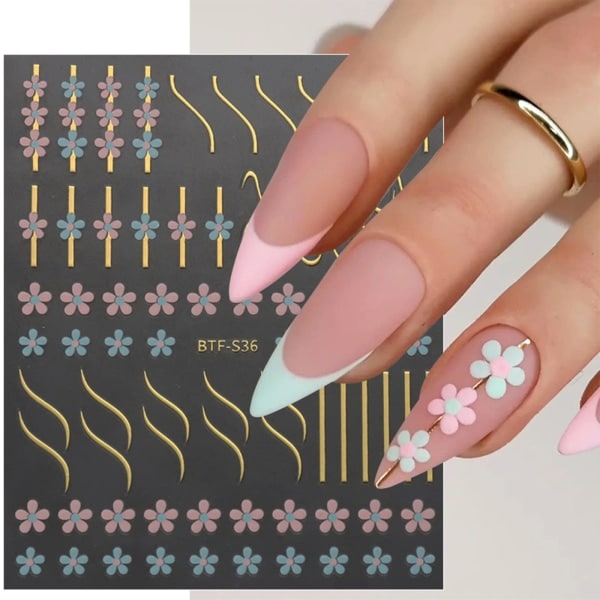 9 ark Blomma Nail Art Stickers Dekaler Självhäftande Vår Sommar Färgglada Blomsterlinje Nageltillbehör Nail art Design Dekoration Tillbehör-ab