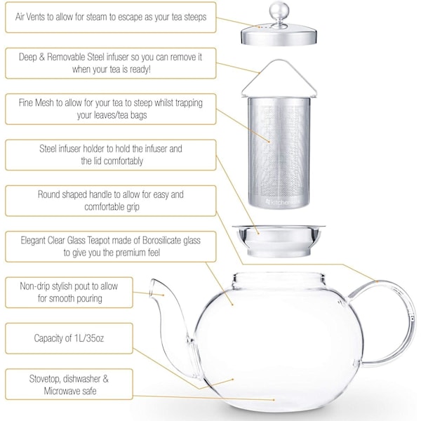 Glas tekande med aftageligt låg og infuser i rustfrit stål