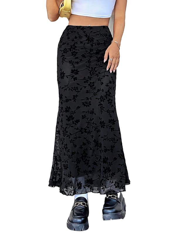 Salatkant Højtaljet Mesh Fishtail Bodycon Lang Nederdel til Kvinder sort black M