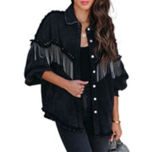 Afslappet denimjakke med frynser til kvinder Sort Sort XL Black