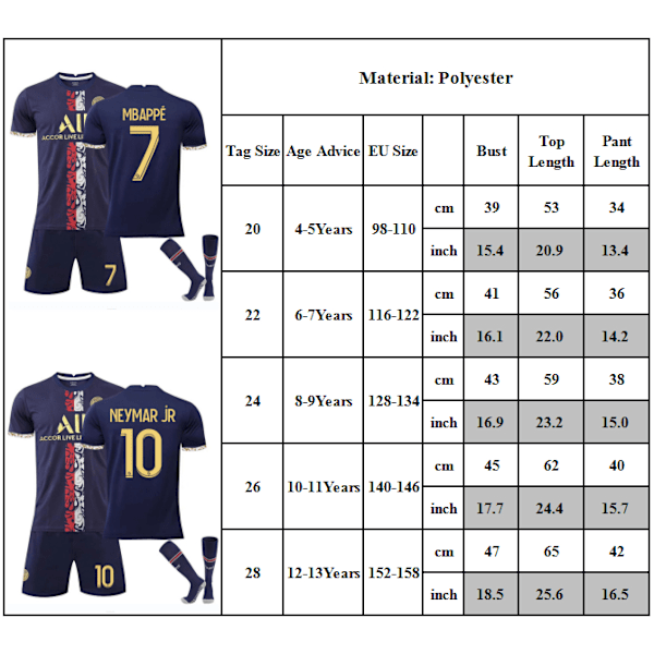 Fotballdrakt for barn Messi nr. 30 Mbappe nr. 7 Fotballdrakt Sportsklær #10 ida #10 6-7Y