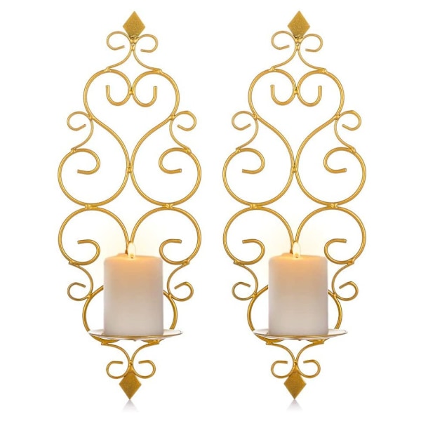 Vegglampe Lysestaker, Metall Lysestakesett med 2, Vegg Pillar Telysestaker, Gull