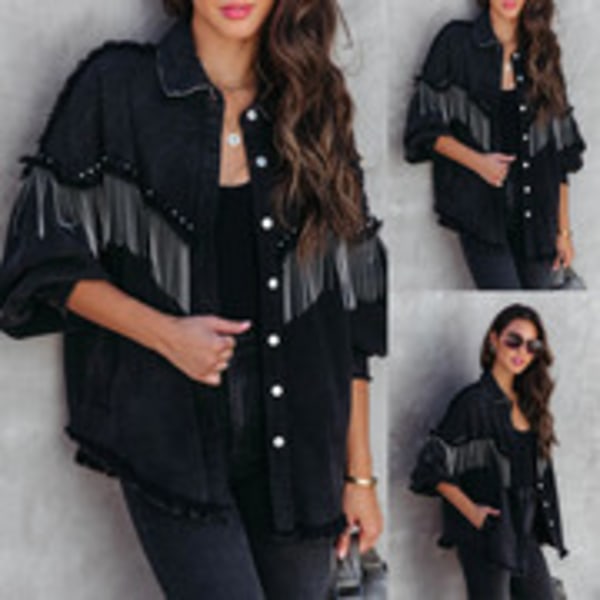 Afslappet denimjakke med frynser til kvinder Sort Sort XL Black