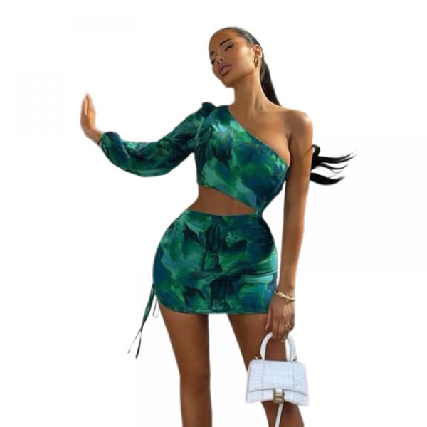 Dam One Shoulder Sleeve Cut Out Bodycon Club Cocktail Miniklänning (Grön L)